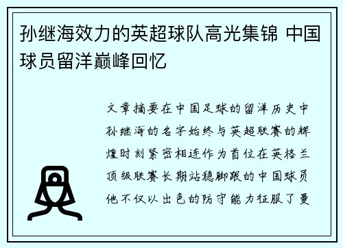 孙继海效力的英超球队高光集锦 中国球员留洋巅峰回忆